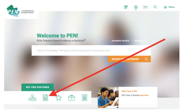 PEN Homepage red arrow pointing to handout collection